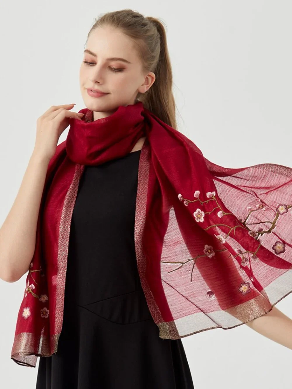 Mulberry Silk Blend Long Embroidered Floral Scarf Shawl Wrap Neckerchief
